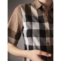 Chemise en coton à manches courtes avec motif check - Taupe Brown