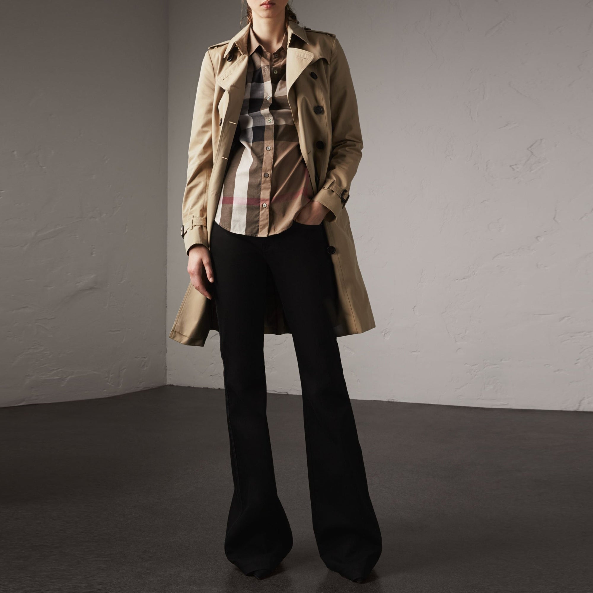 Chemise en coton à manches courtes avec motif check - Taupe Brown