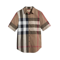 Chemise en coton à manches courtes avec motif check - Taupe Brown