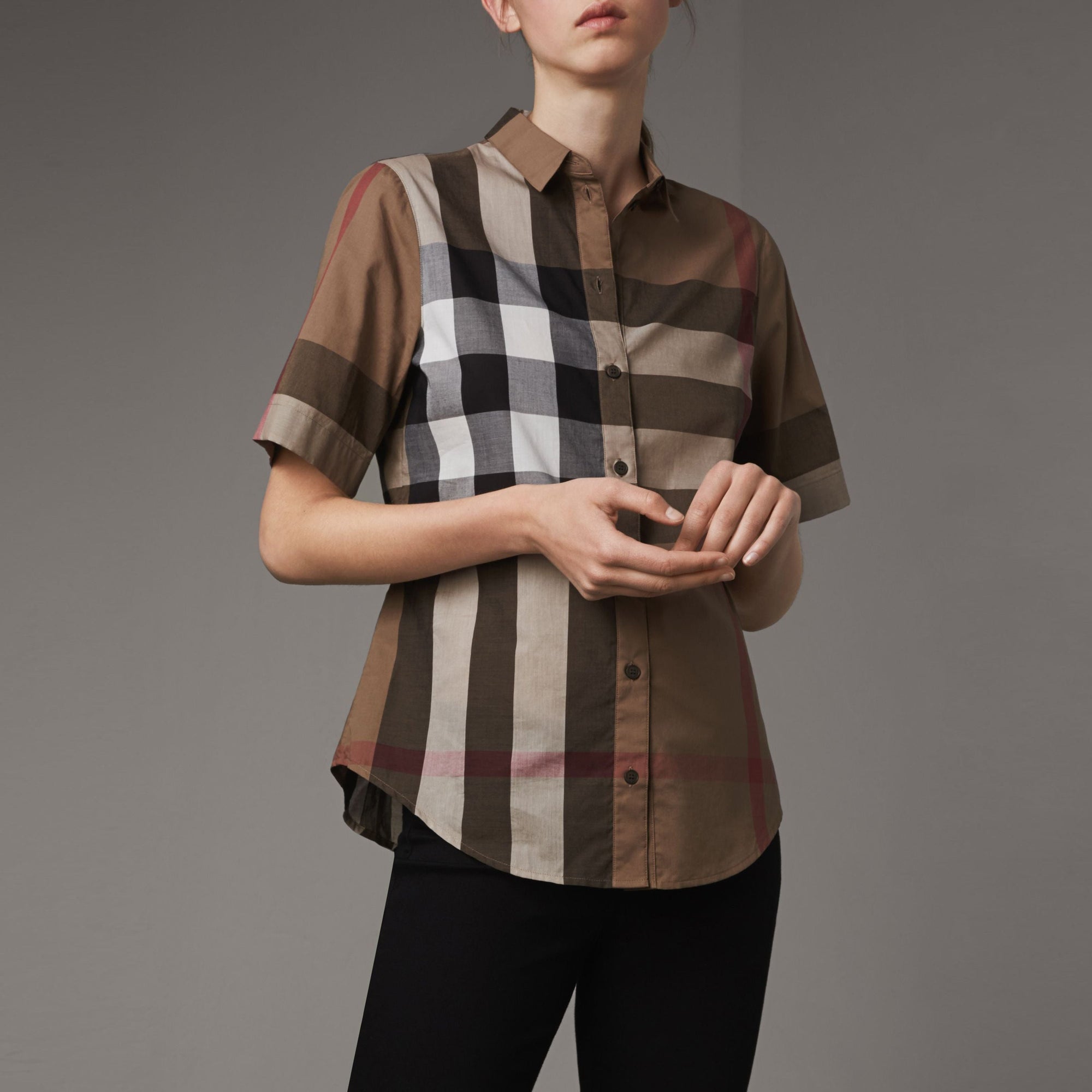 Chemise en coton à manches courtes avec motif check - Taupe Brown