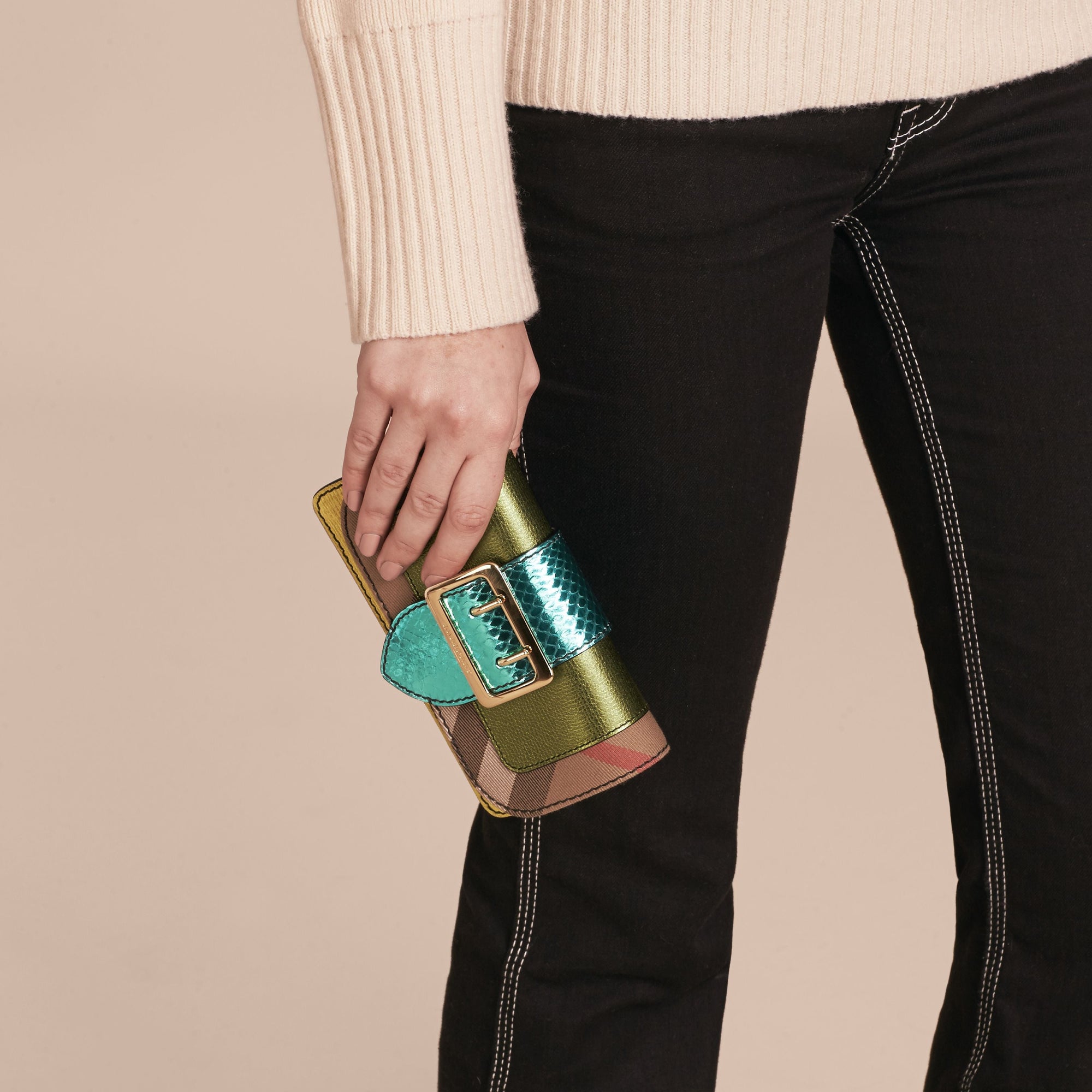 Mini sac The Buckle en cuir et tissu House check - Olive Green