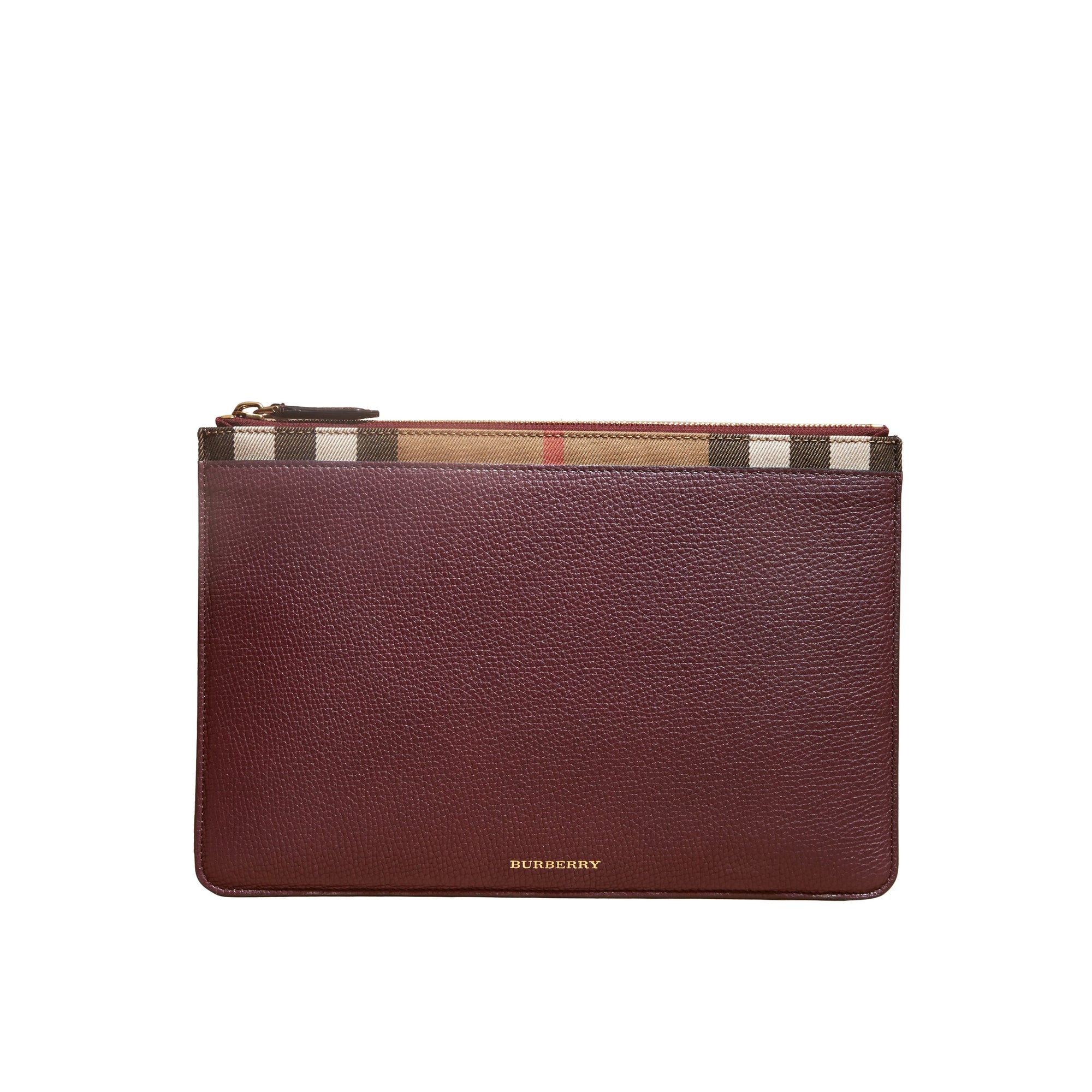 Pochette zippée en cuir grainé et tissu House check - Wine