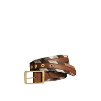 Ceinture en tissu House check et cuir grainé - Camel & Tan