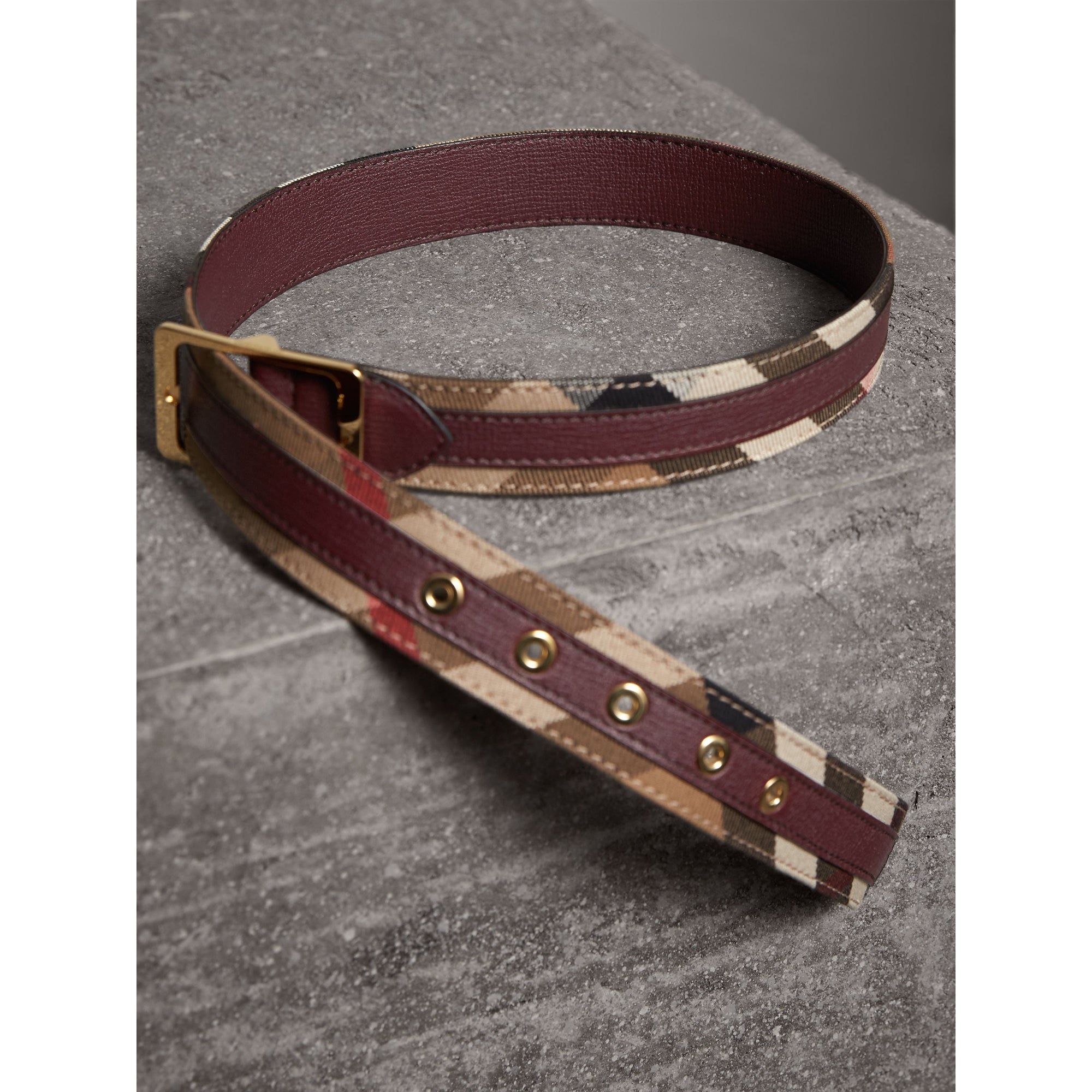 Ceinture en tissu House check et cuir grainé - Camel & Mahogany Red