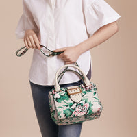 Petit sac tote The Buckle en cuir avec imprimé à pivoines roses - Natural & Emerald Green