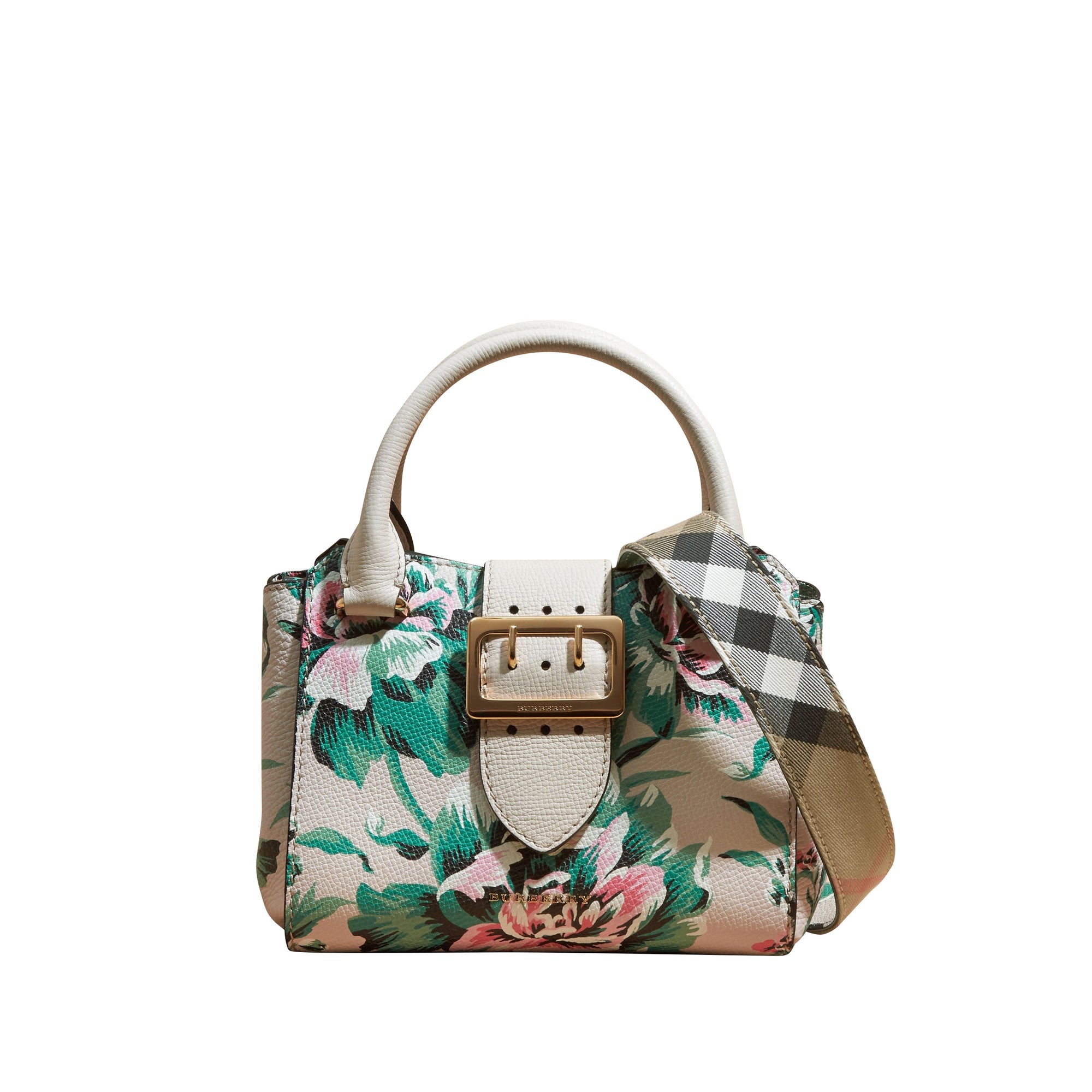 Petit sac tote The Buckle en cuir avec imprimé à pivoines roses - Natural & Emerald Green