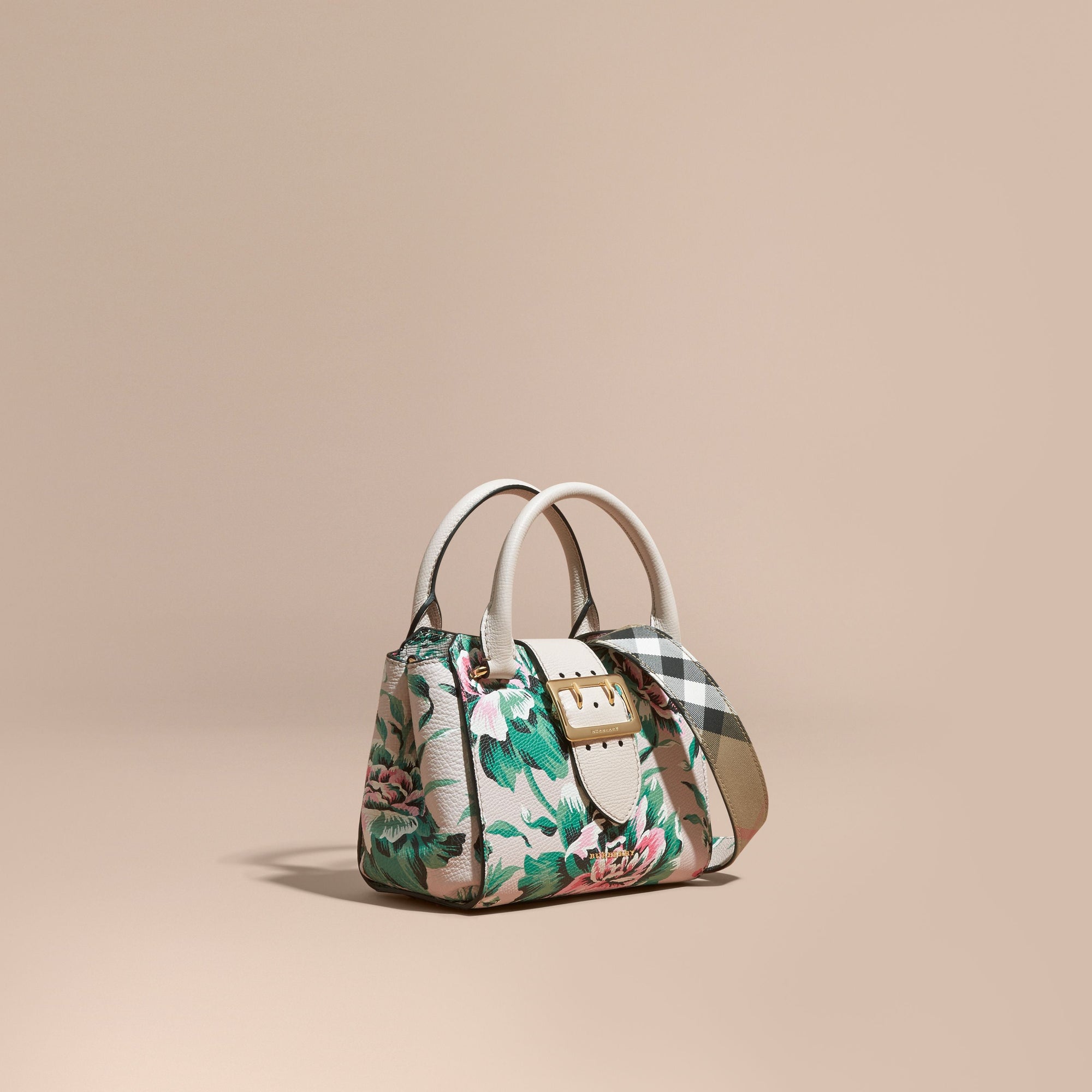 Petit sac tote The Buckle en cuir avec imprimé à pivoines roses - Natural & Emerald Green