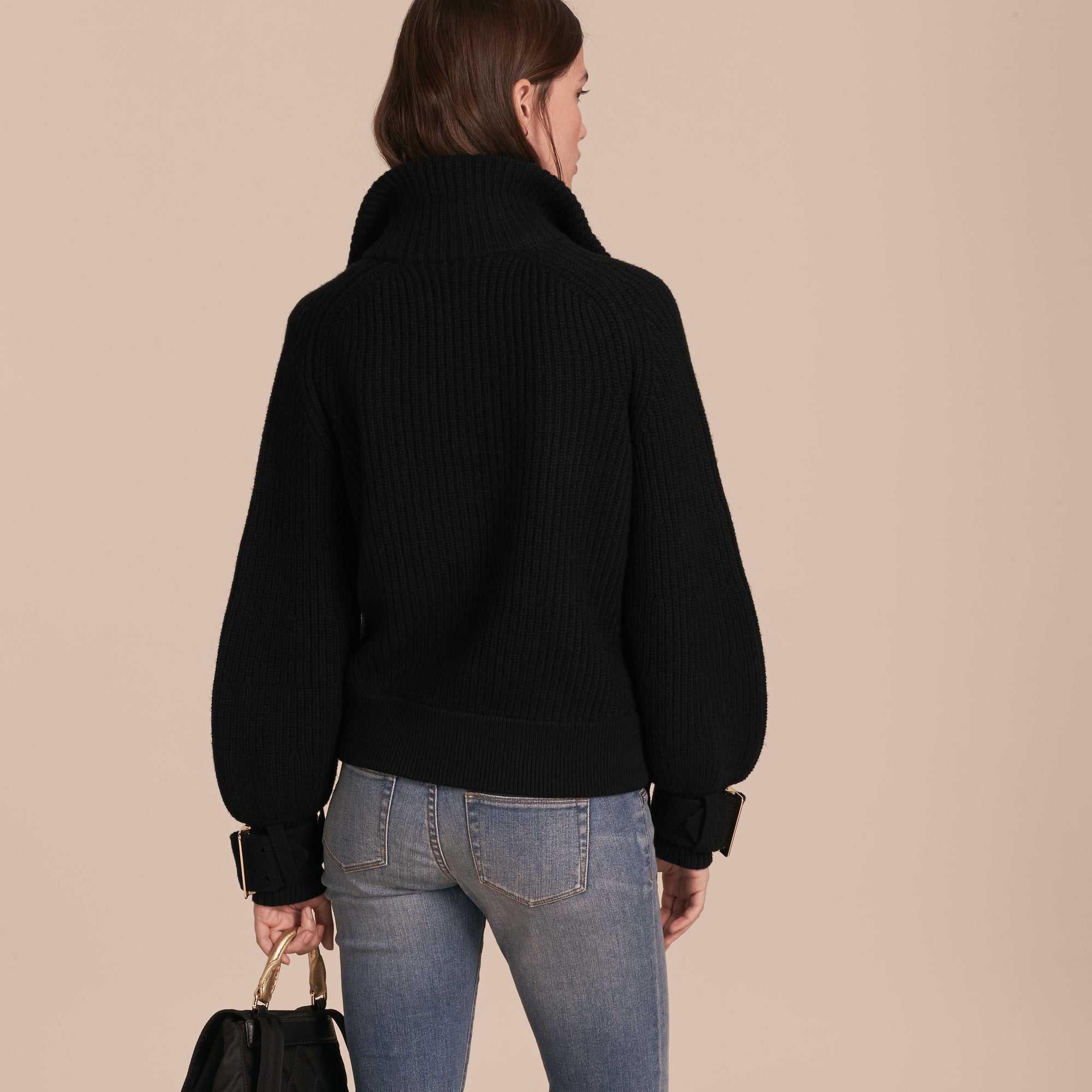 Bomber en maille de laine et cachemire avec manches cloches - Black