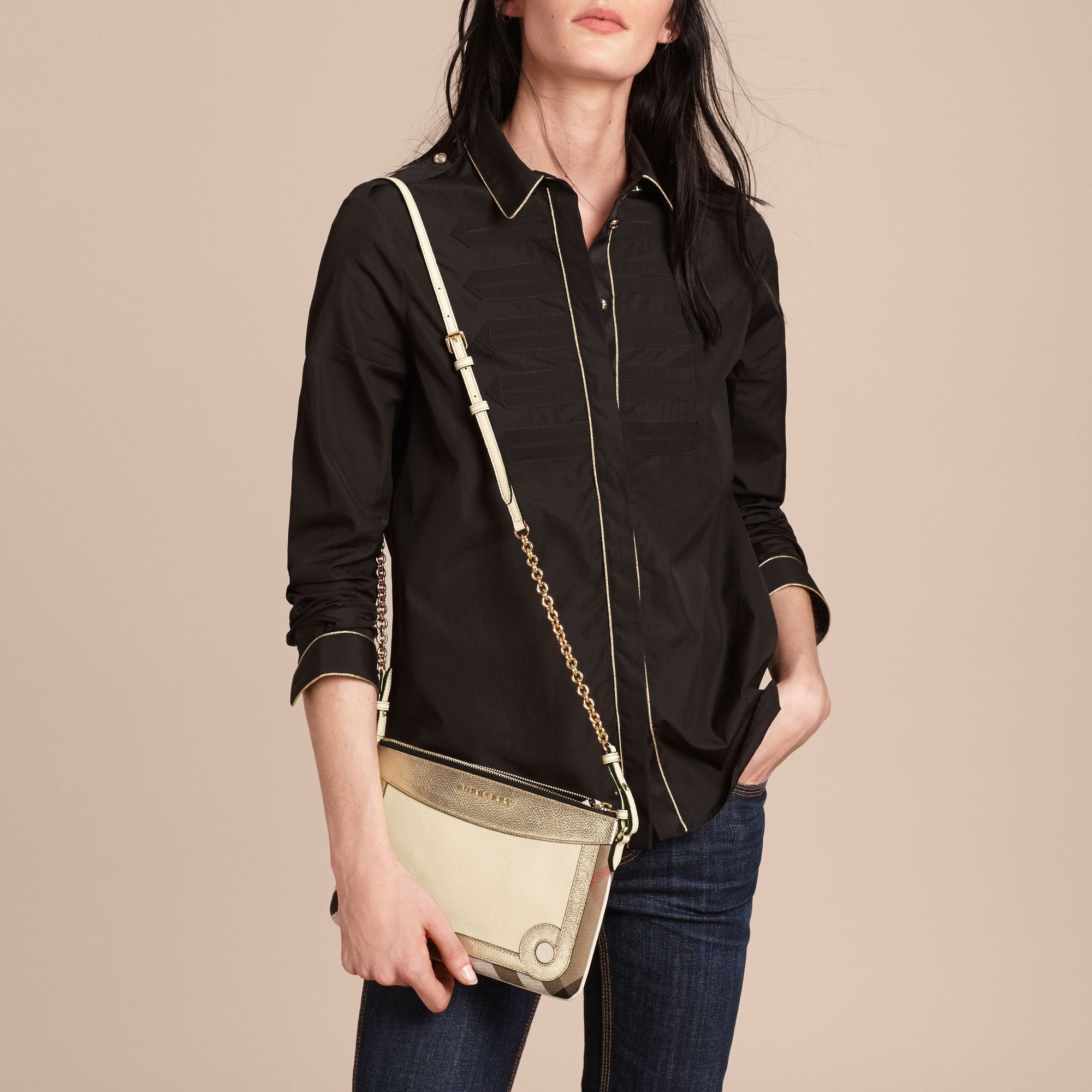 Clutch en coton House check et cuir - Limestone