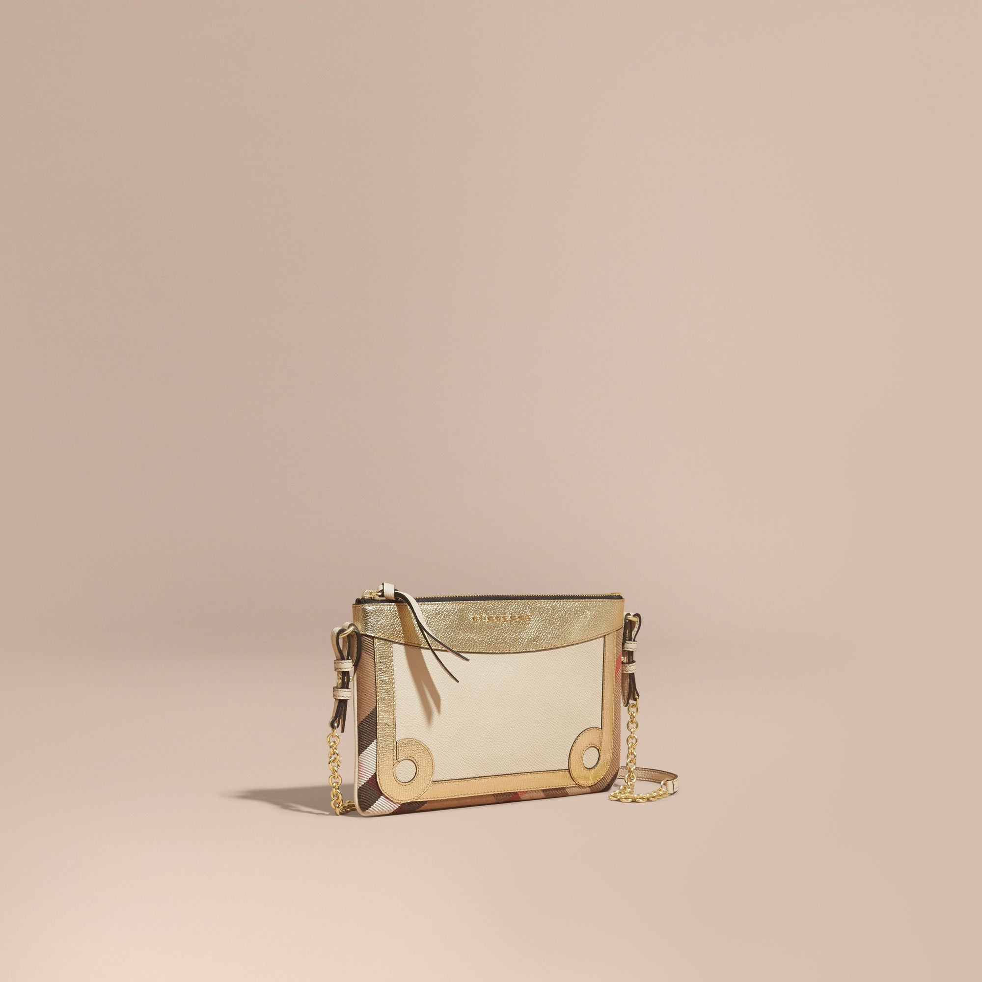 Clutch en coton House check et cuir - Limestone