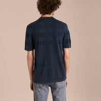 Polo en jacquard de soie piquée et coton à motif check - Navy