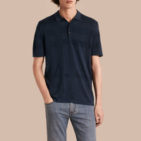 Polo en jacquard de soie piquée et coton à motif check - Navy
