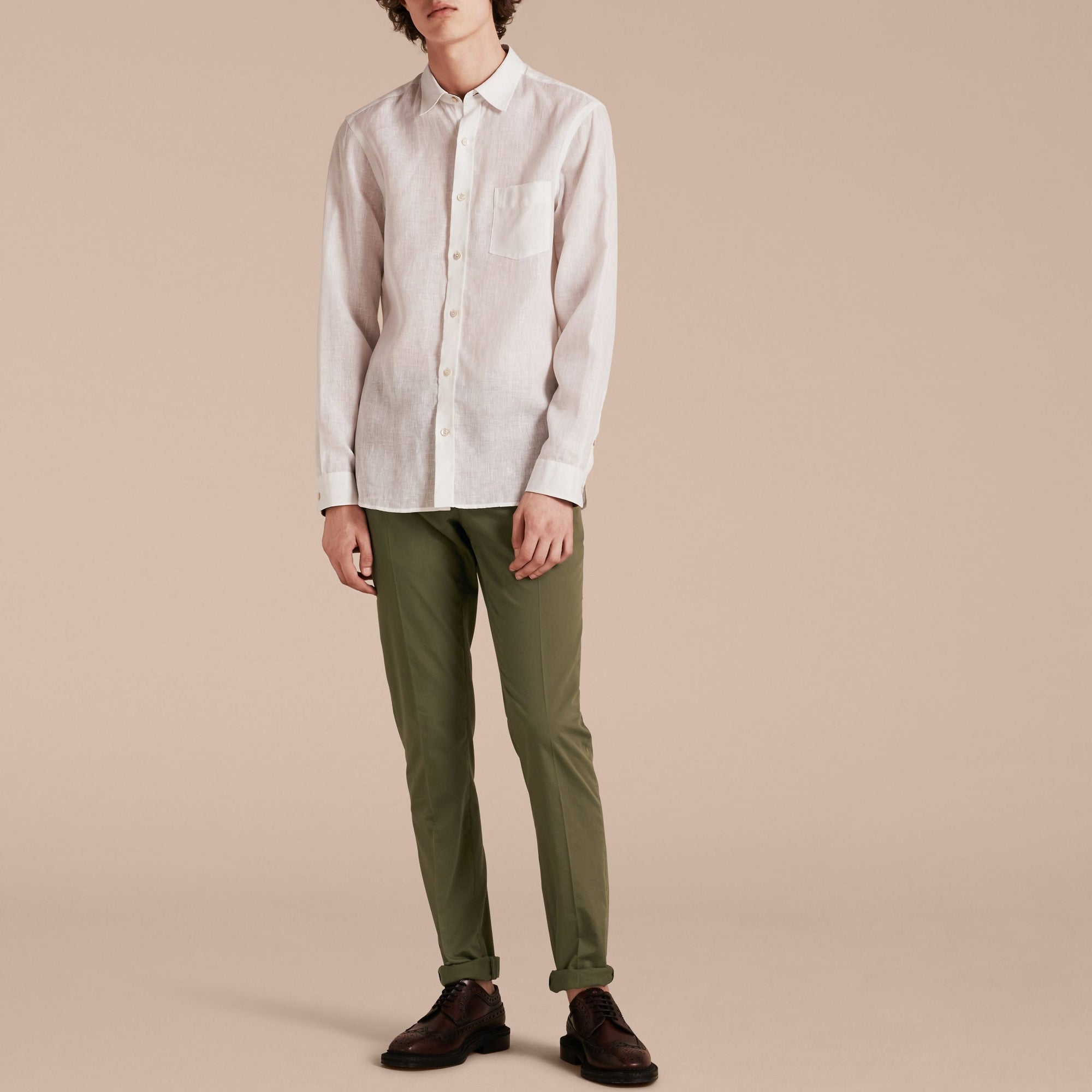 Chemise en lin avec détails check - White