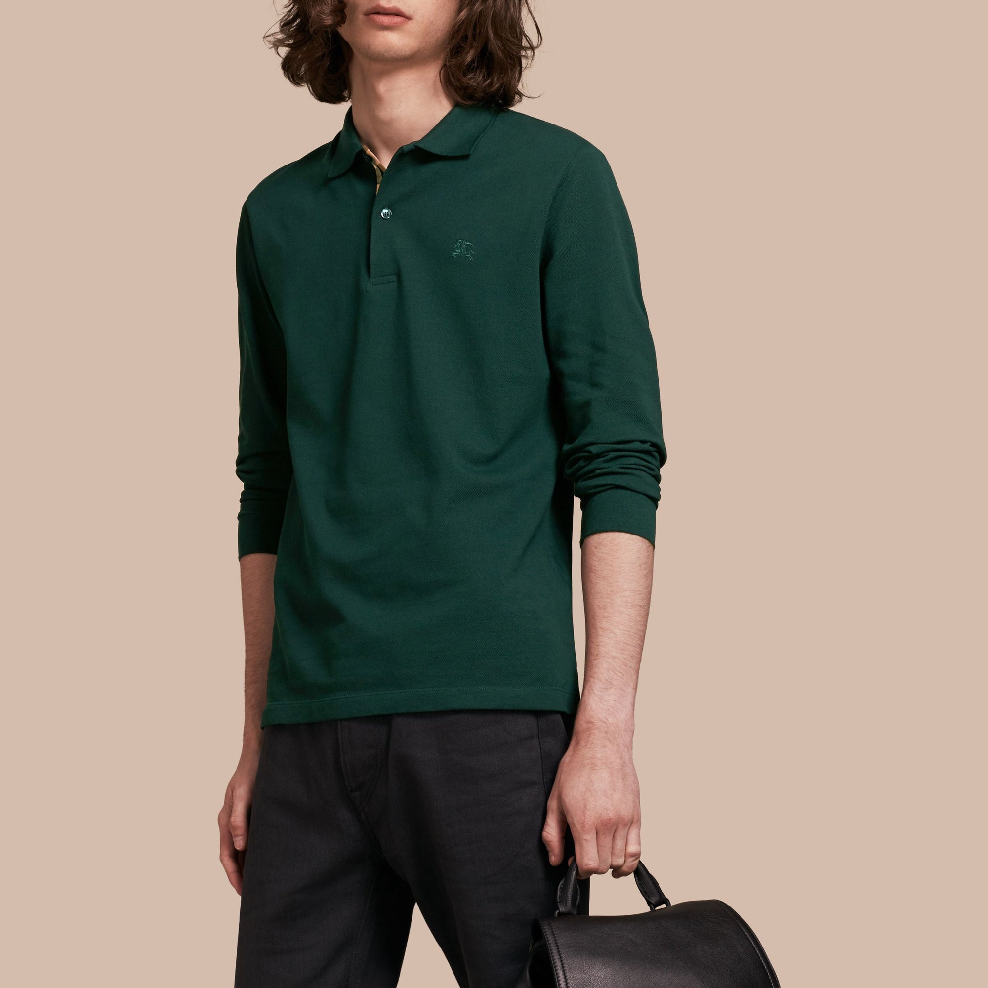 Polo à manches longues avec patte à motif check - Racing Green