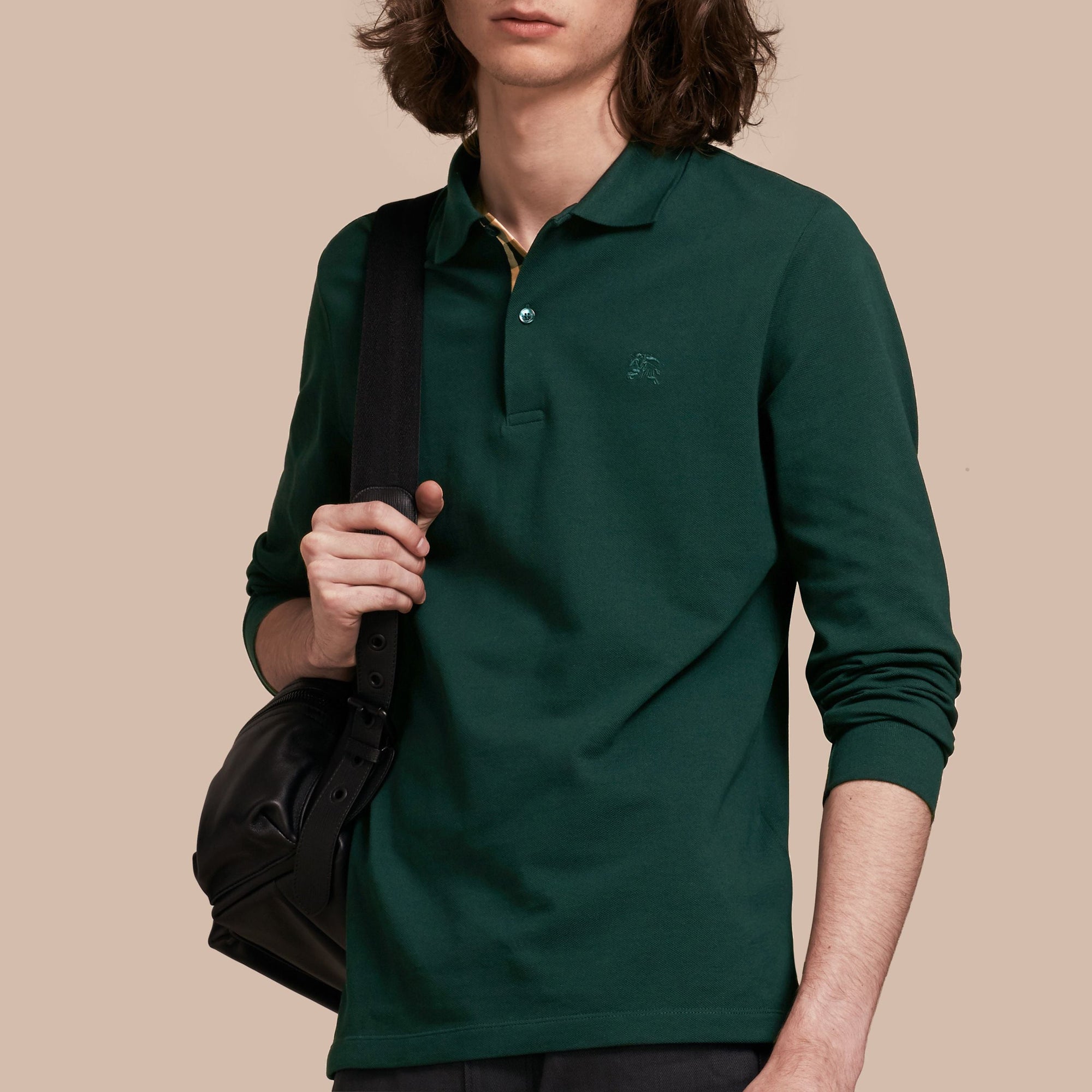 Polo à manches longues avec patte à motif check - Racing Green