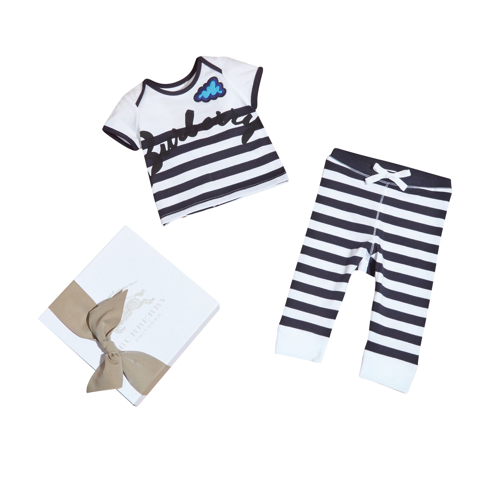Coffret cadeau bébé deux pièces en coton rayé avec appliqués - Navy