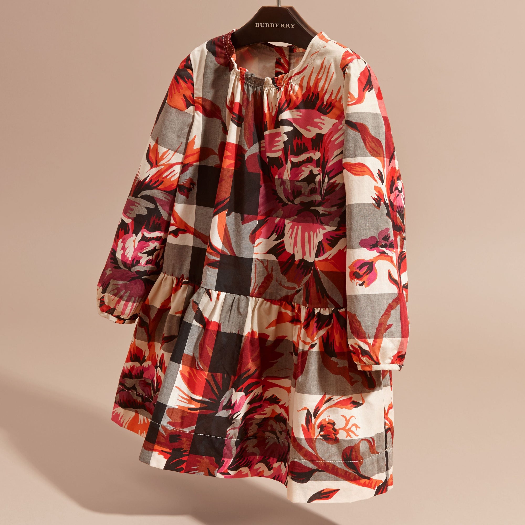Robe en coton à motif check avec imprimé à pivoines roses - Pink Azalea