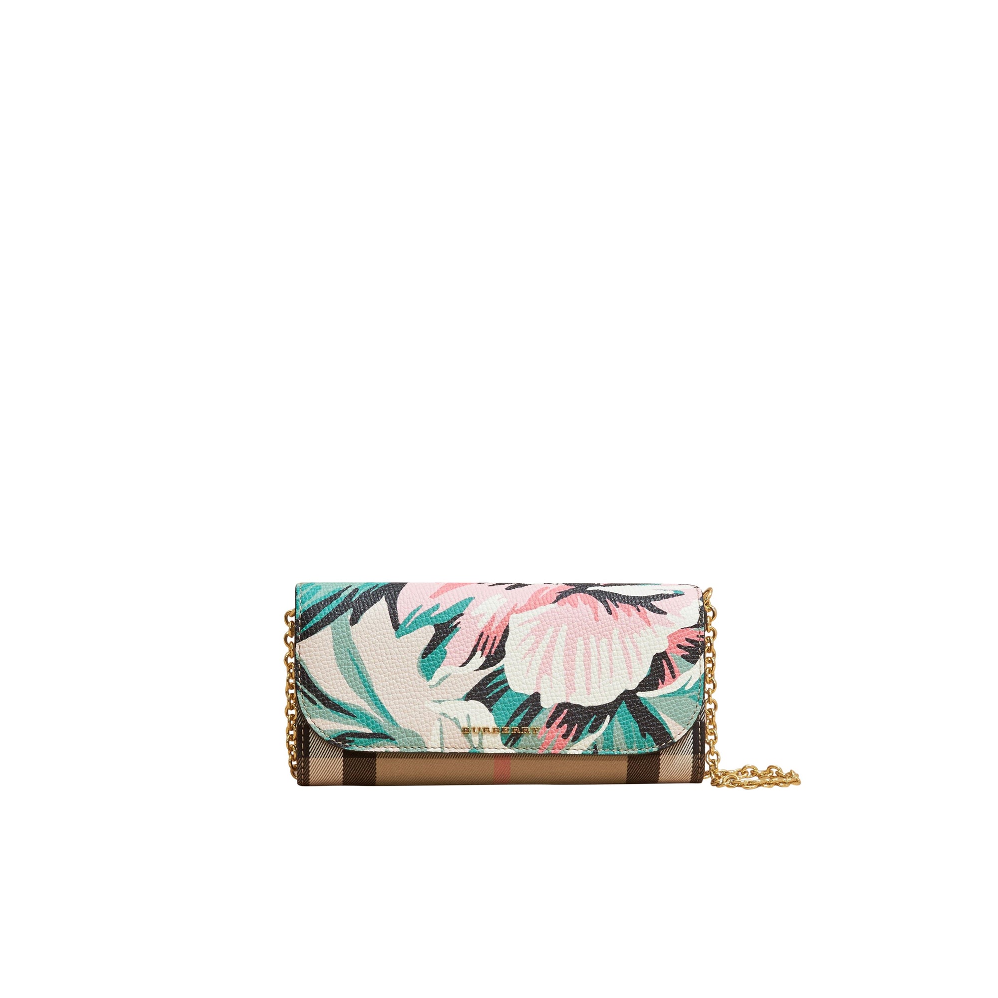 Portefeuille imprimé pivoines roses avec chaîne - Natural & Emerald Green