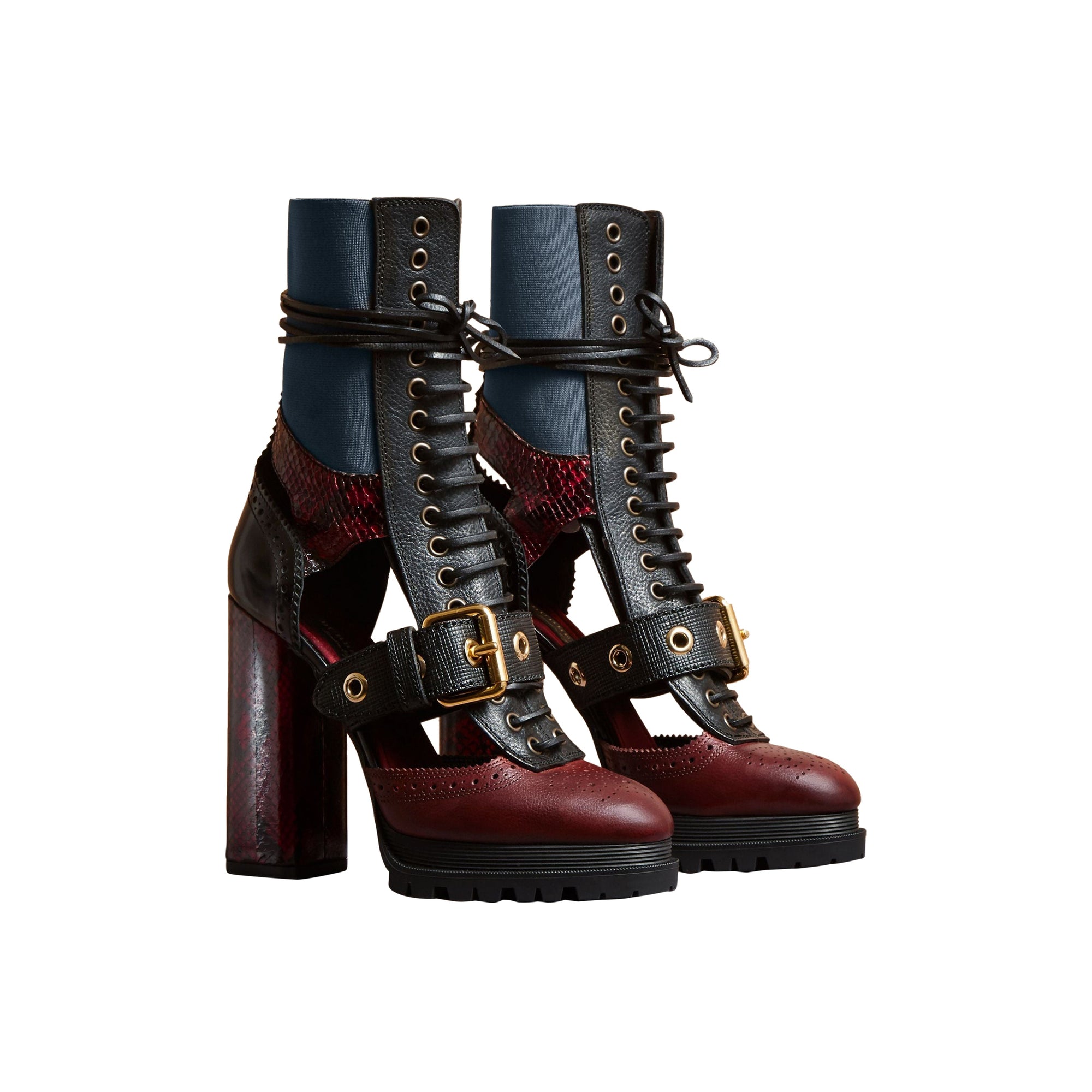 Bottines à plateforme en cuir et peau de serpent avec découpes - Burgundy Red