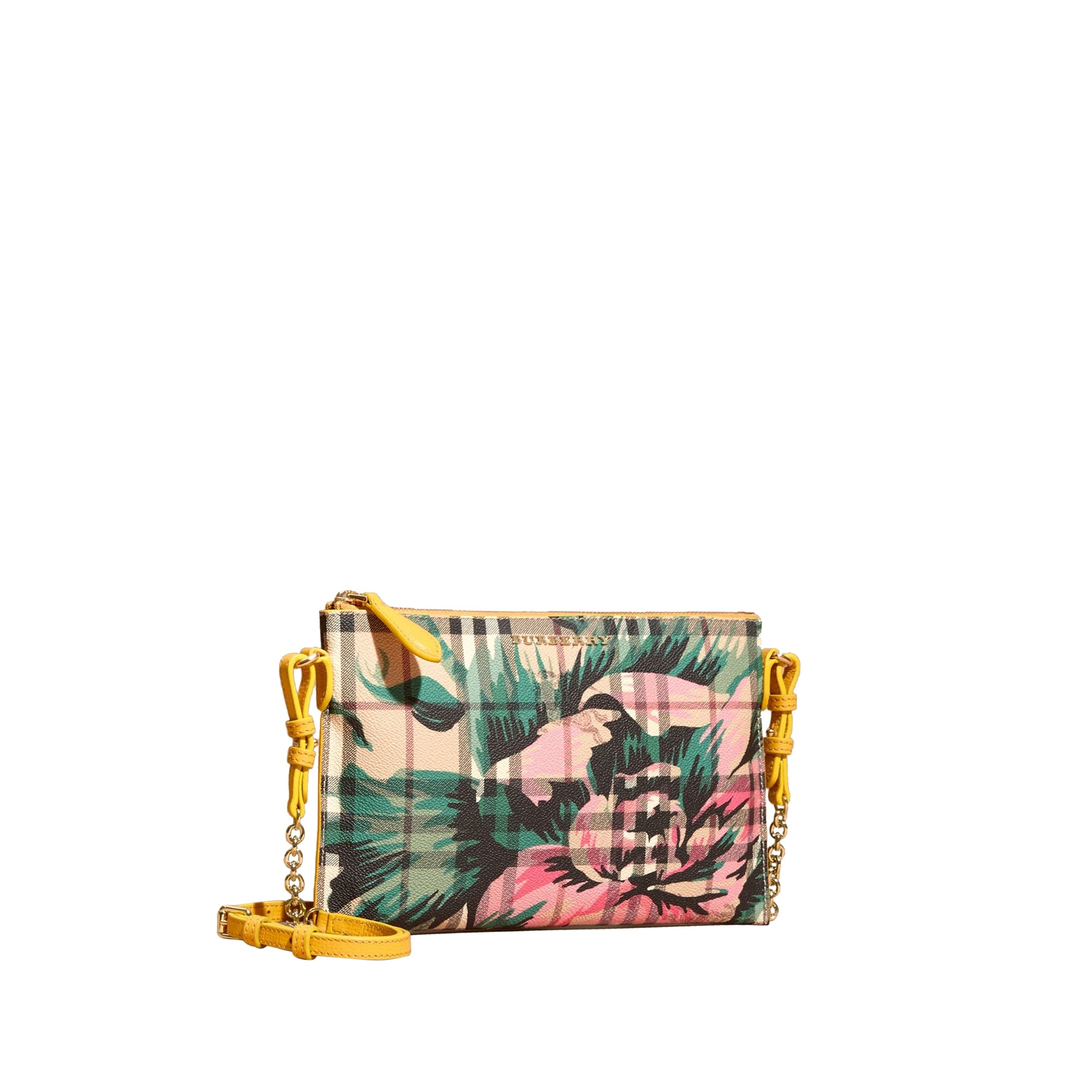 Clutch imprimé à pivoines roses en cuir - Yellow & Green