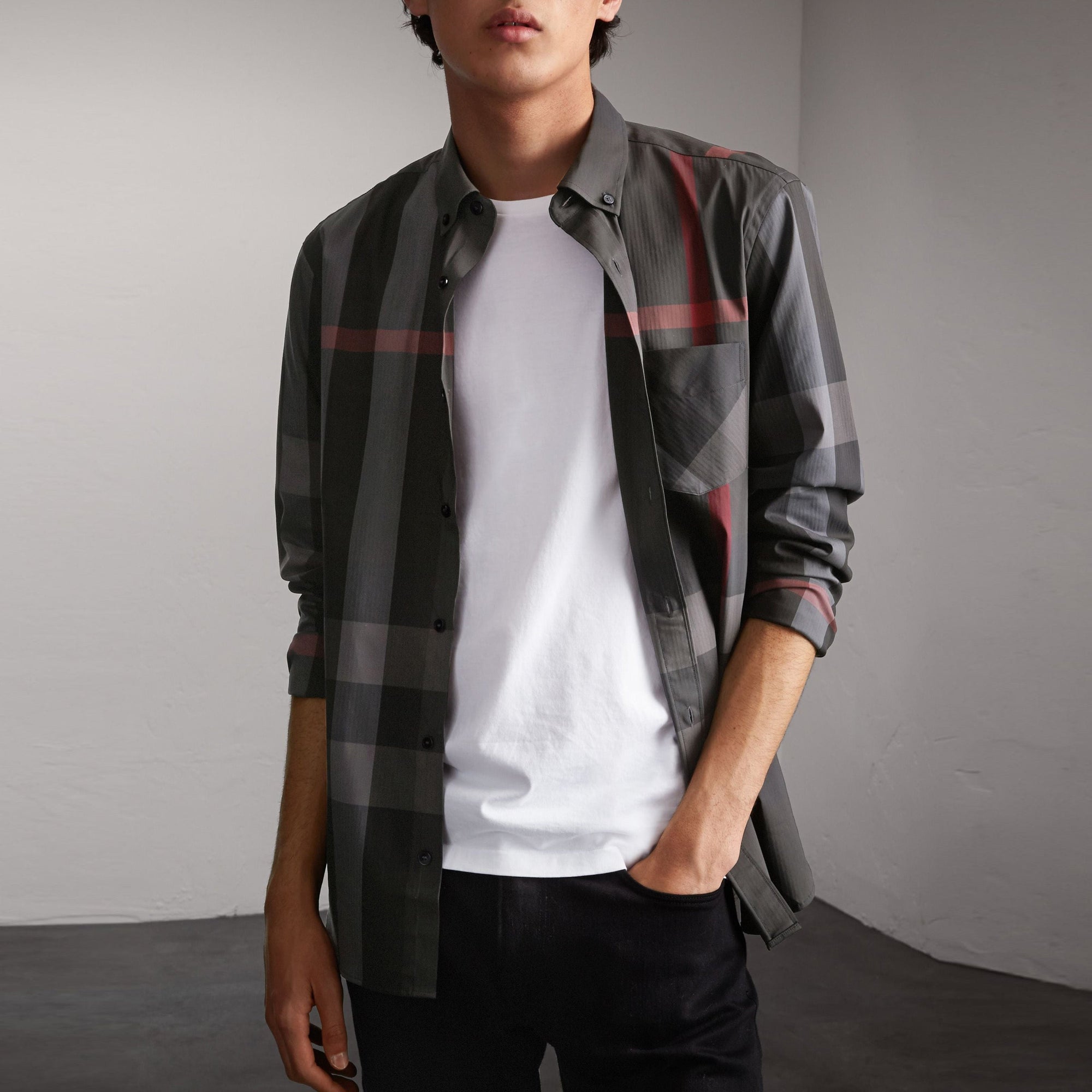 Chemise col boutonné en coton extensible mélangé - Charcoal
