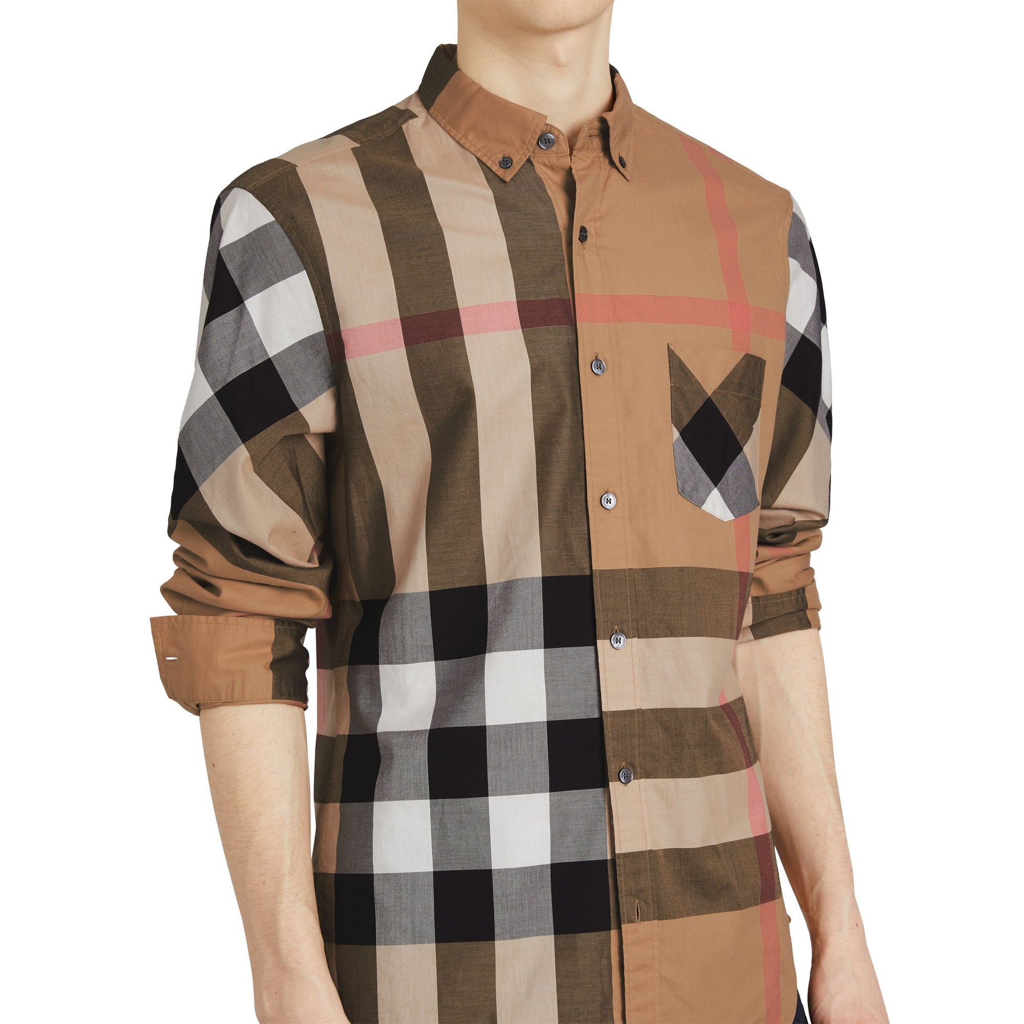 Chemise col boutonné en coton extensible mélangé - Camel