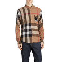 Chemise col boutonné en coton extensible mélangé - Camel