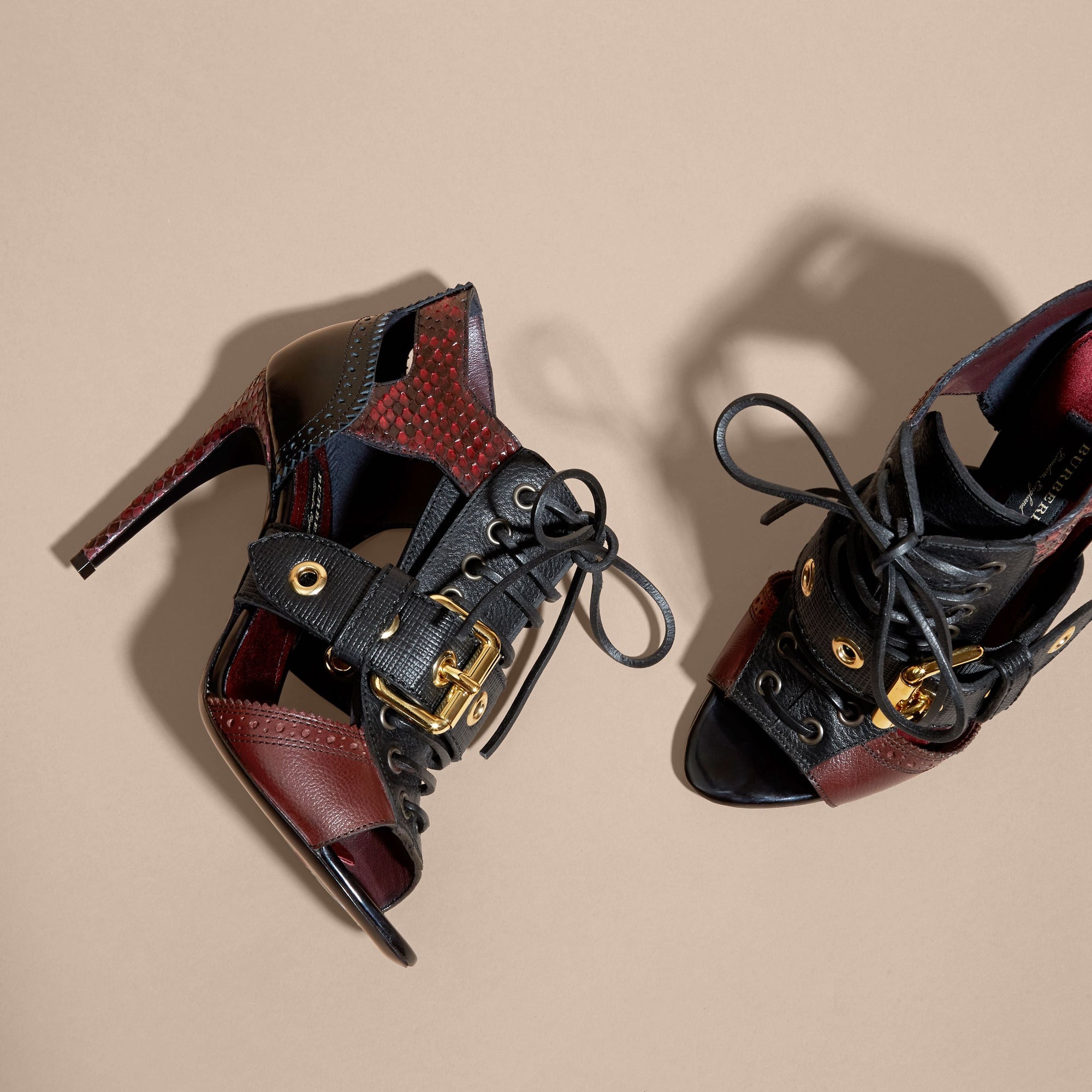 Bottines en cuir et peau de serpent avec boucle et découpes - Bordeaux