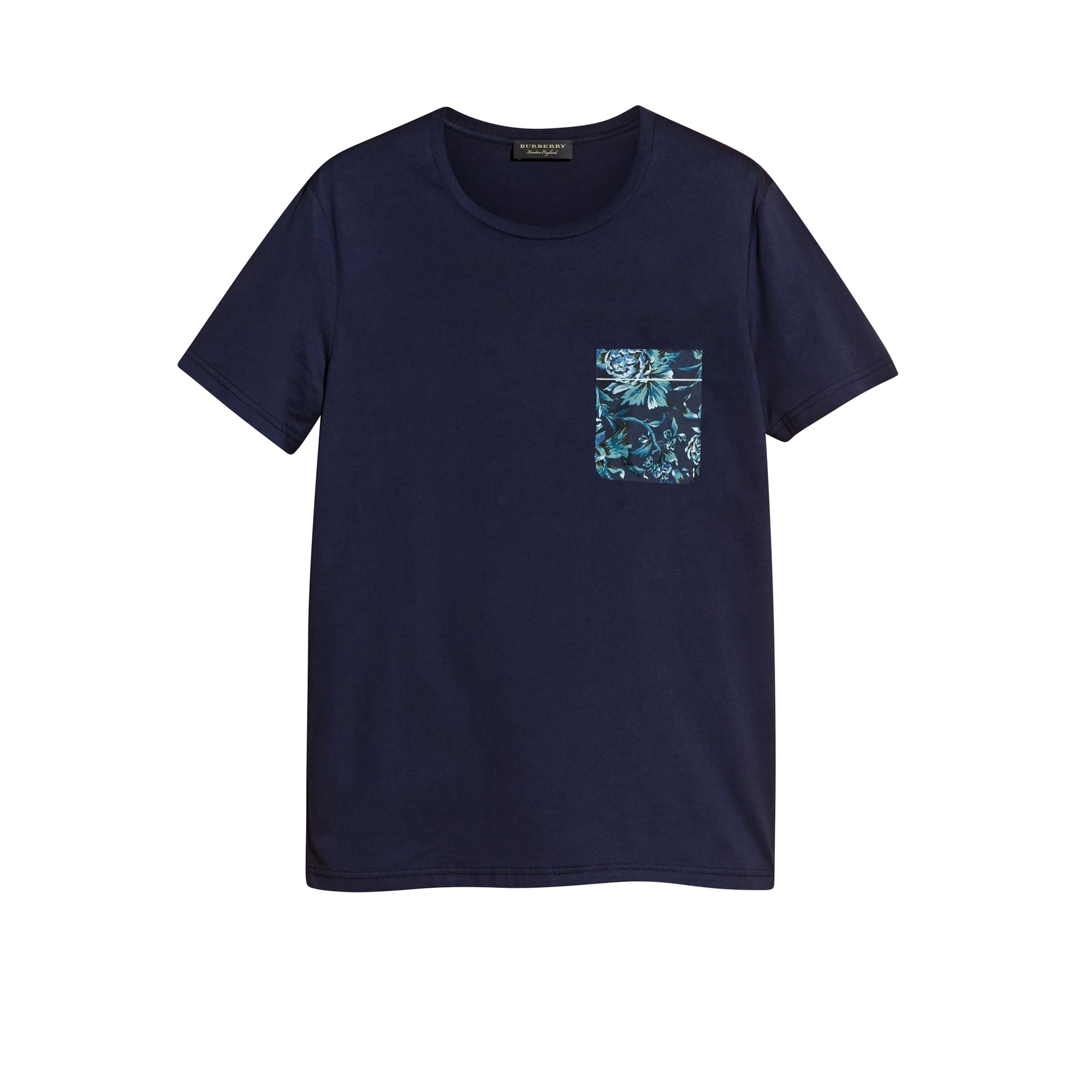 T-shirt en coton avec poche à imprimé rose pivoine - Navy