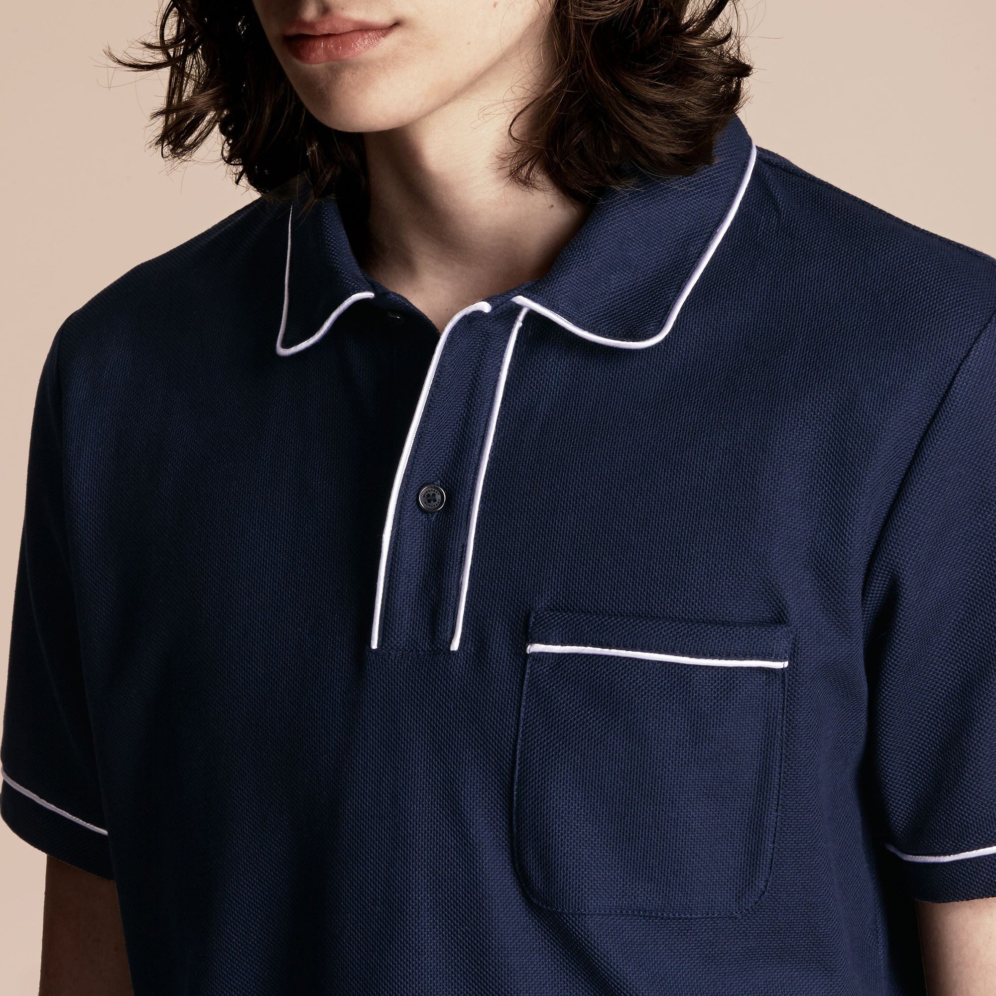Polo en piqué de coton passepoilé - Navy
