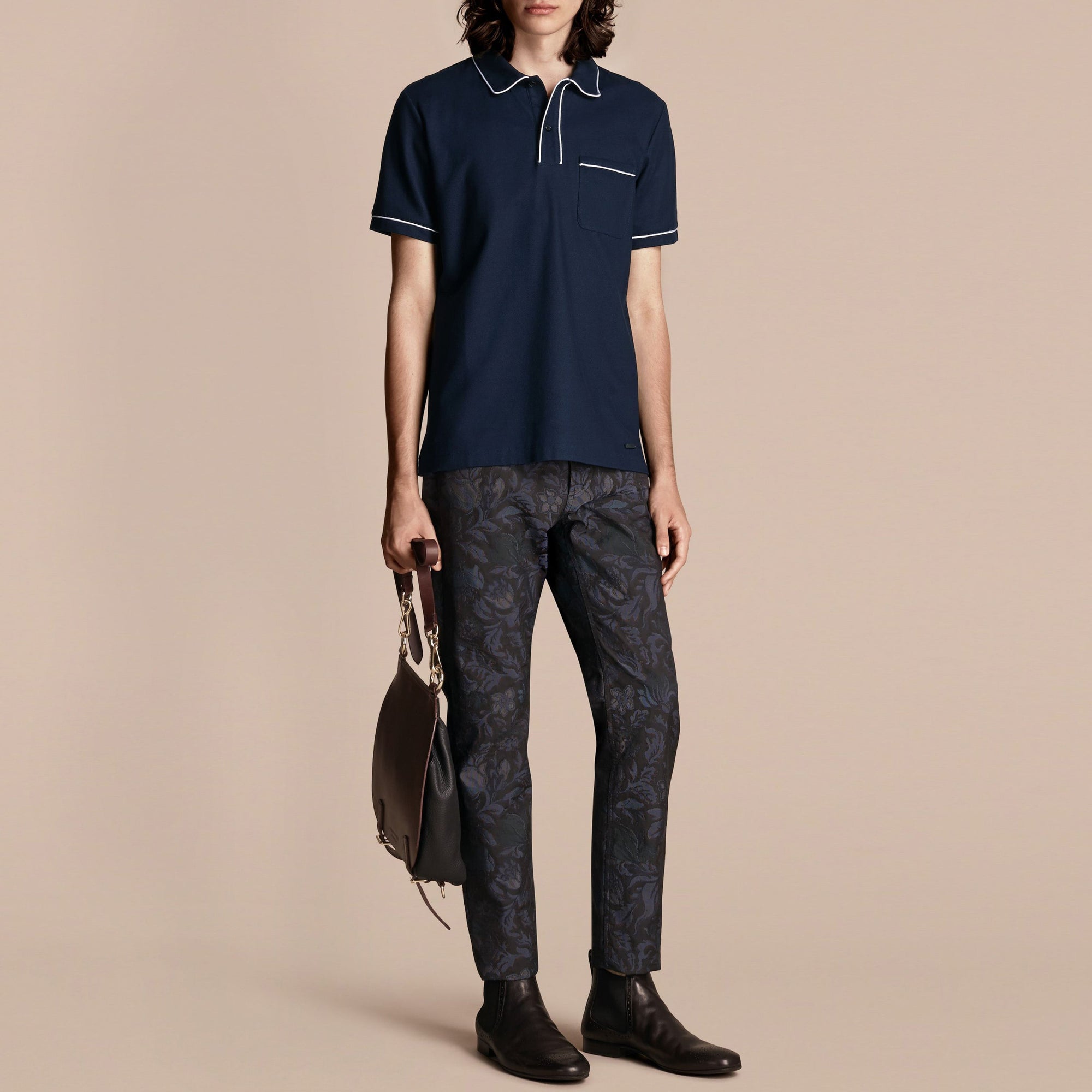 Polo en piqué de coton passepoilé - Navy