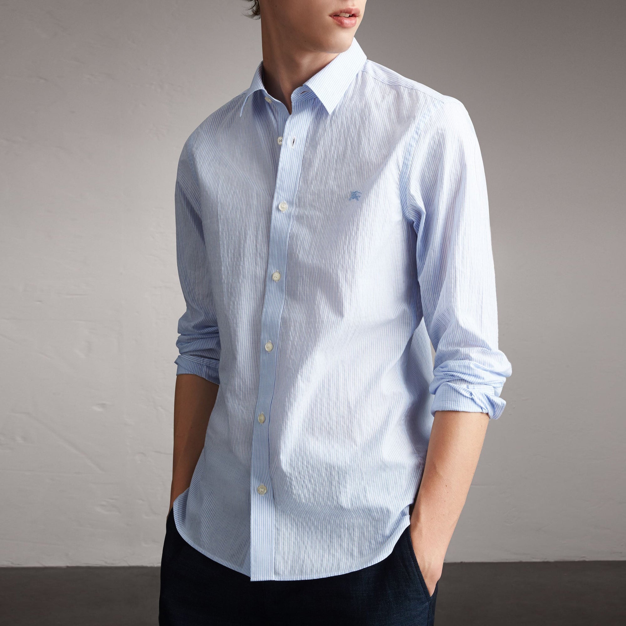 Chemise en coton mélangé à rayures - Light Blue