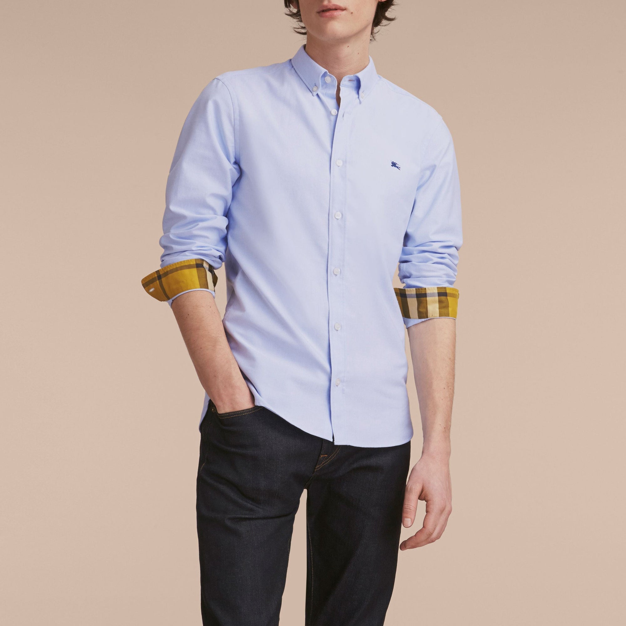 Chemise Oxford en coton à col boutonné avec détails check - Cornflower Blue