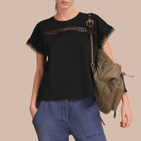 T-shirt en coton avec détails en dentelle - Black