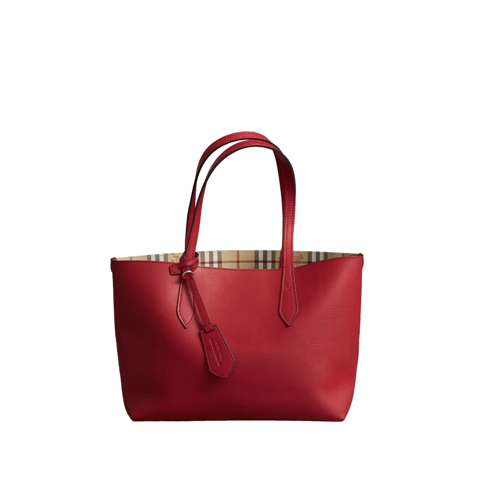 Petit sac tote réversible en cuir et tissu Haymarket check - Poppy Red