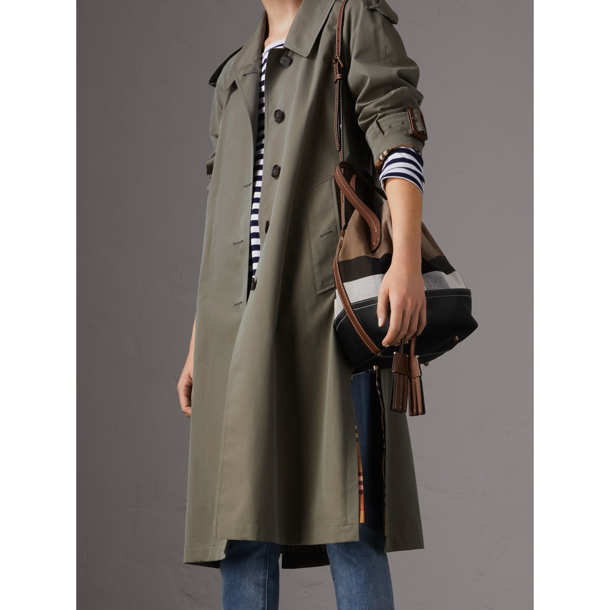 Petit sac Bucket en toile Canvas check et cuir - Tan