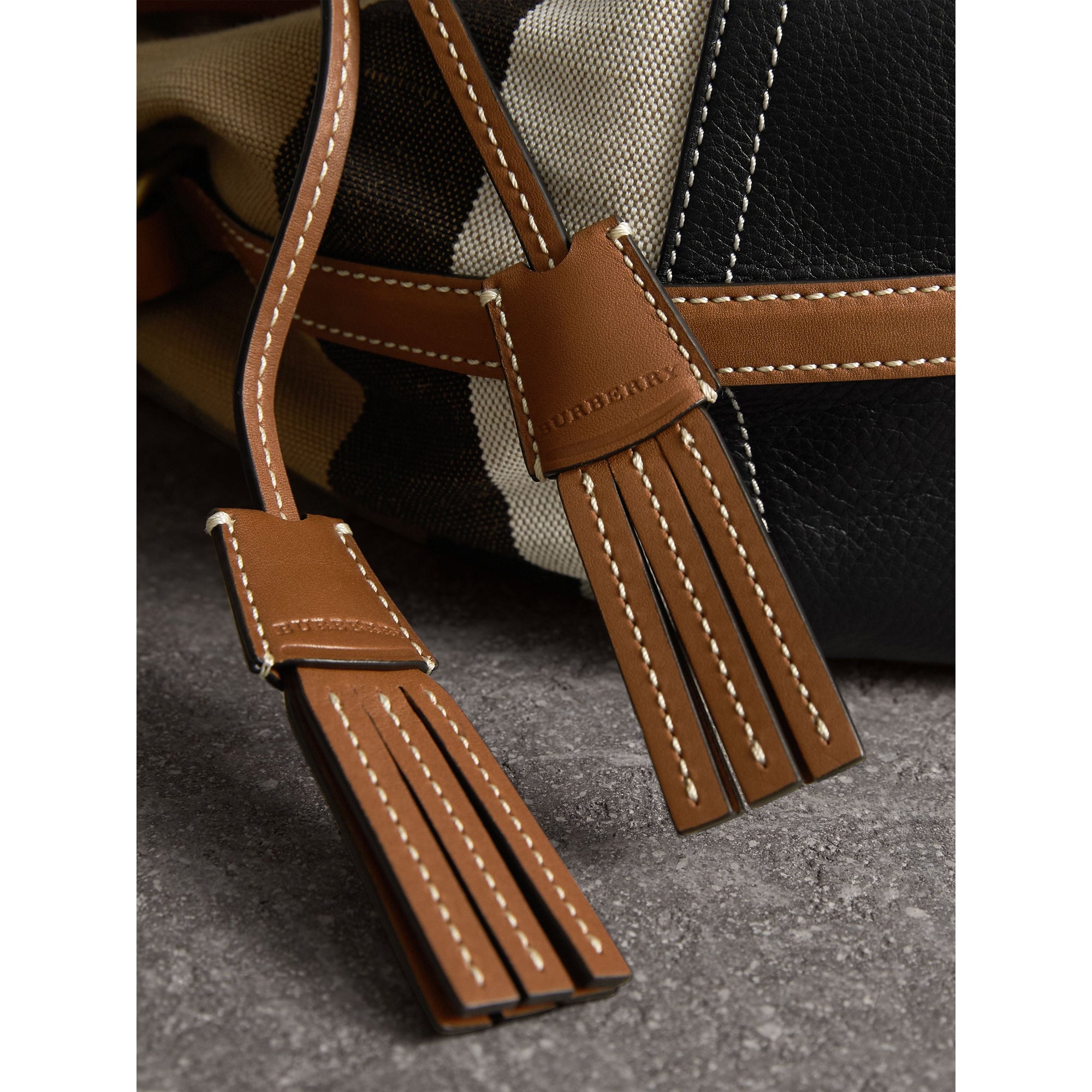 Petit sac Bucket en toile Canvas check et cuir - Tan