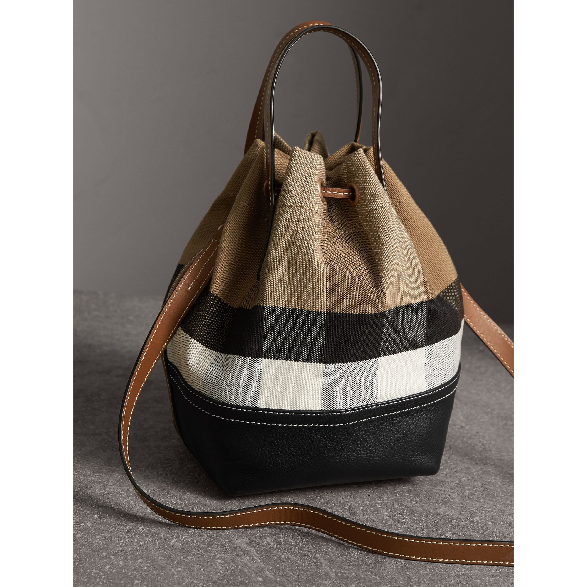 Petit sac Bucket en toile Canvas check et cuir - Tan