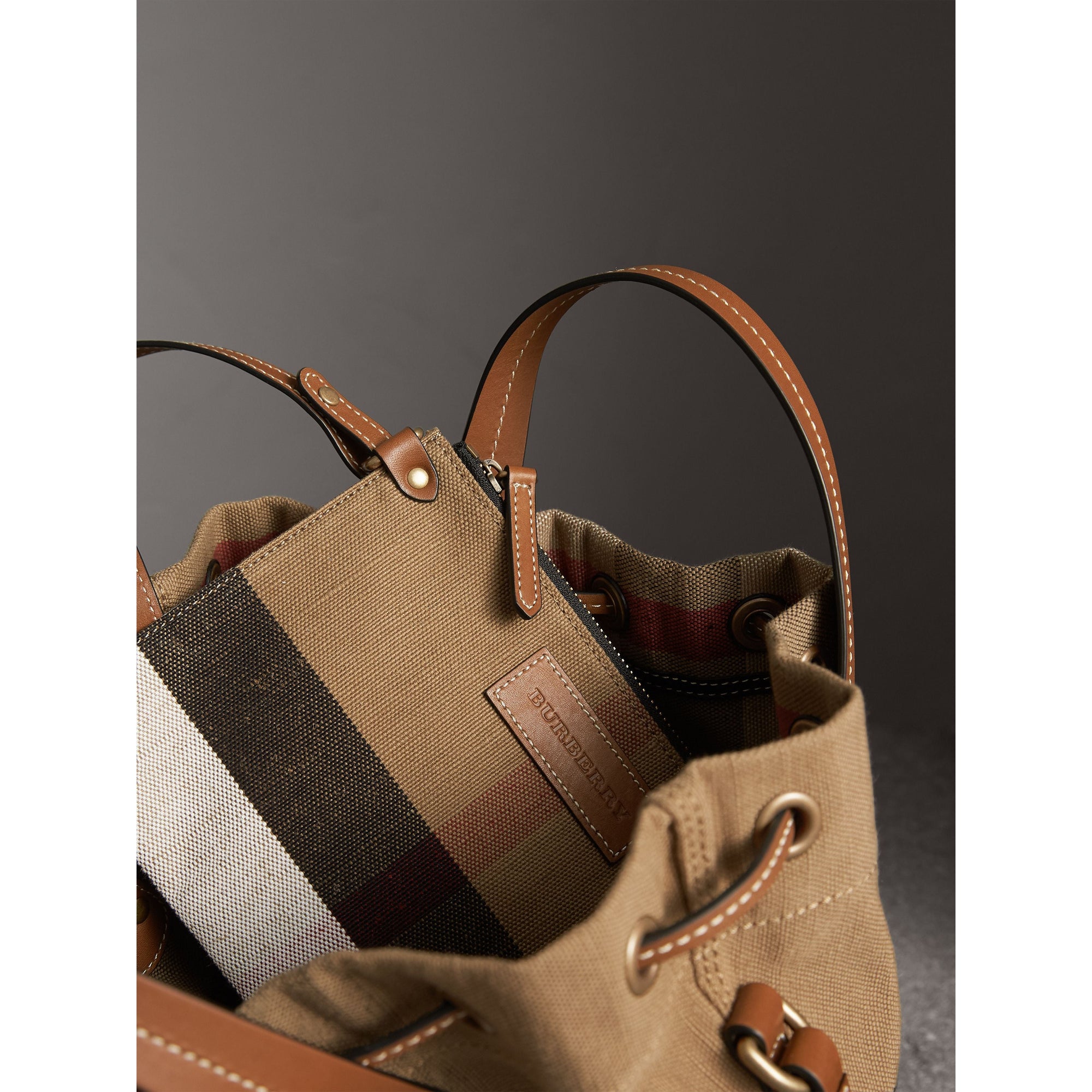 Petit sac Bucket en toile Canvas check et cuir - Tan
