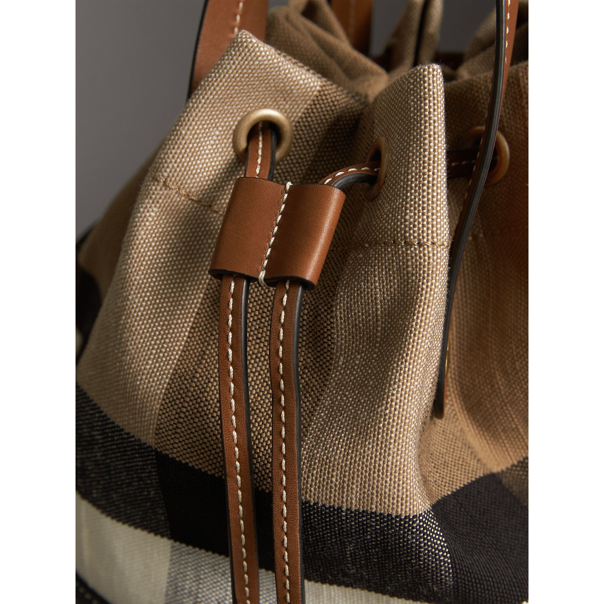 Petit sac Bucket en toile Canvas check et cuir - Tan