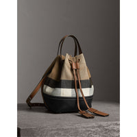 Petit sac Bucket en toile Canvas check et cuir - Tan