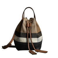 Petit sac Bucket en toile Canvas check et cuir - Tan