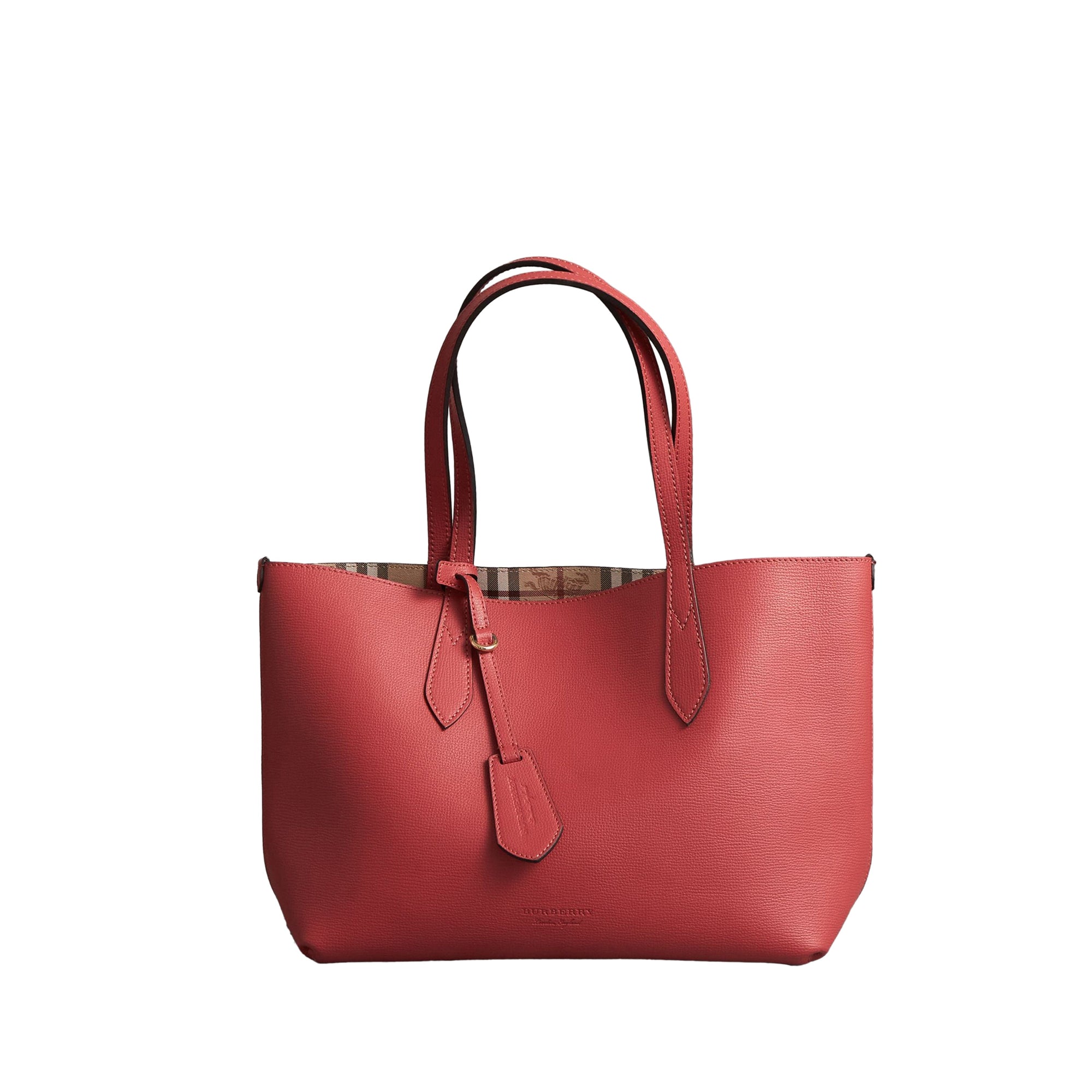Petit sac tote réversible en cuir et tissu Haymarket check - Coral Red