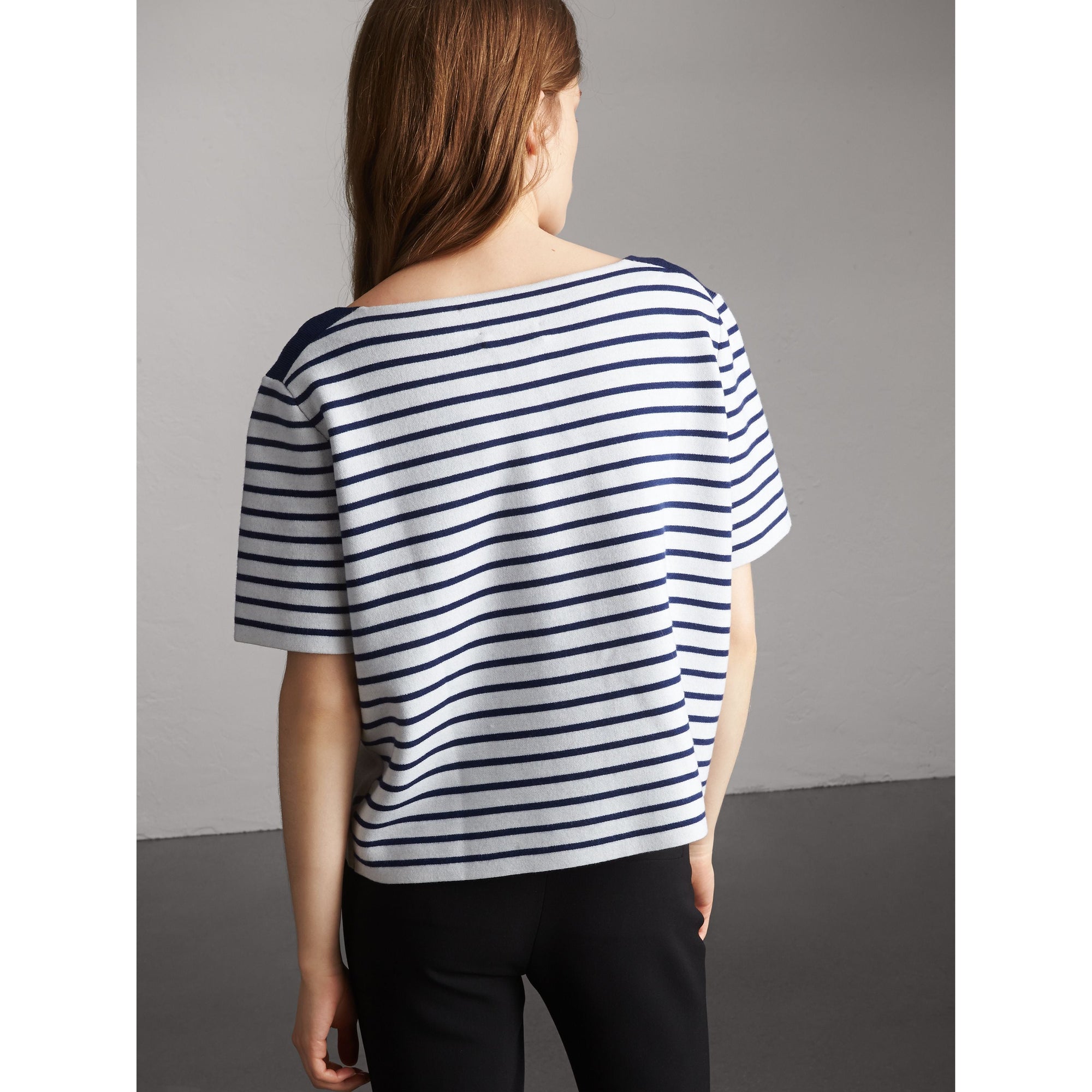T-shirt à rayures et motif check en maille de laine mélangée - Bright Navy