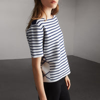 T-shirt à rayures et motif check en maille de laine mélangée - Bright Navy