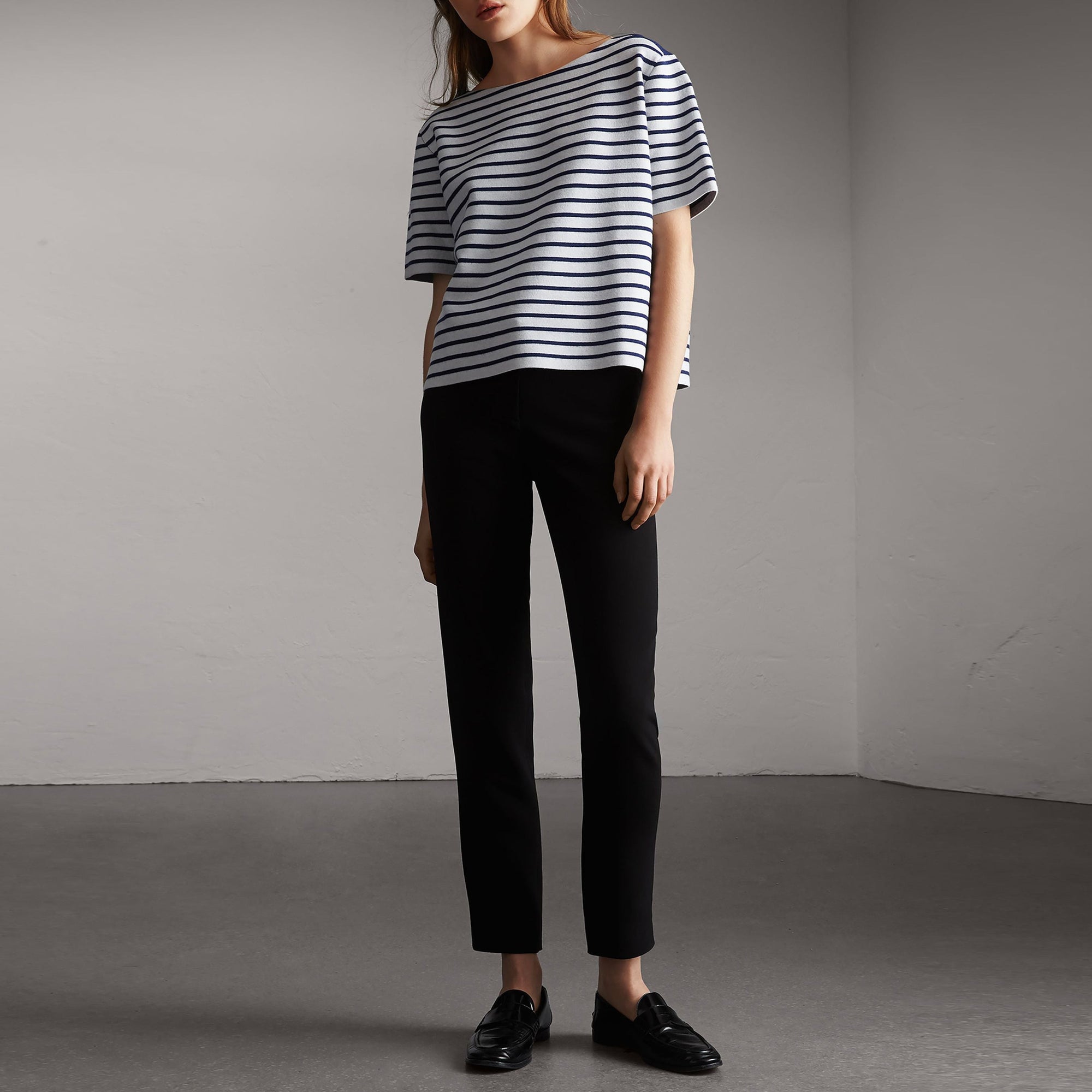 T-shirt à rayures et motif check en maille de laine mélangée - Bright Navy