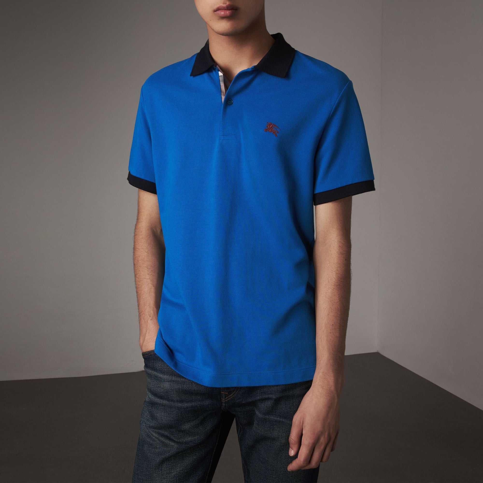 Polo bicolore en piqué de coton avec patte à motif check - Bright Opal
