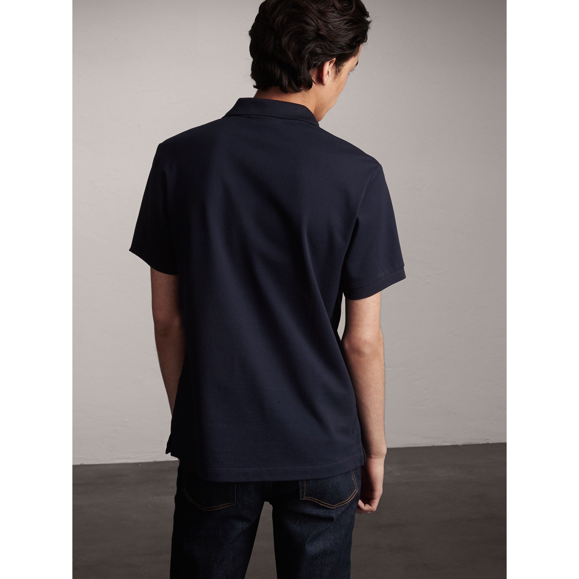 Polo en piqué de coton avec patte rayée - Navy
