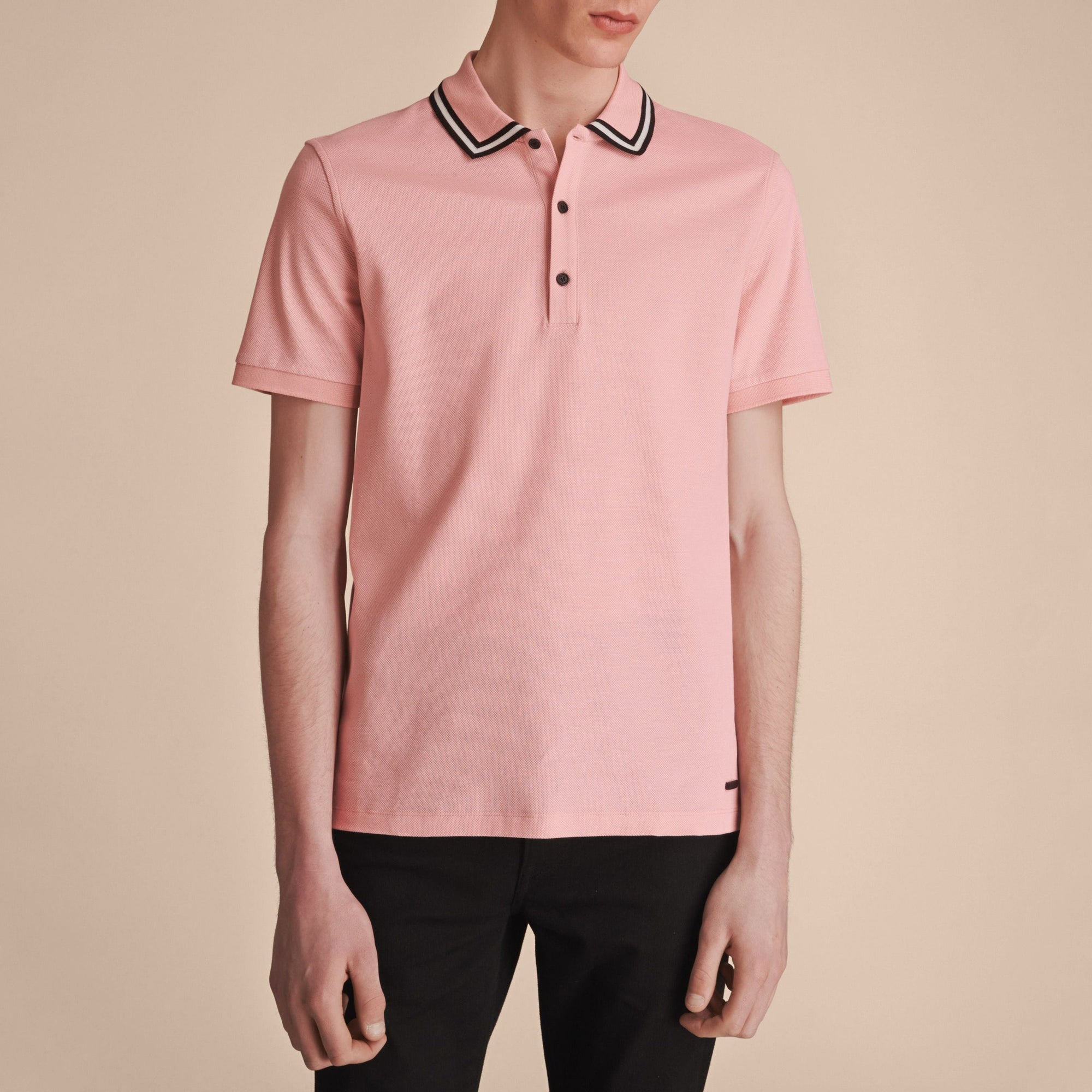 Polo en piqué de coton avec col rayé - Chalk Pink