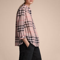 Chemise en coton à motif check avec volants - Vintage Pink